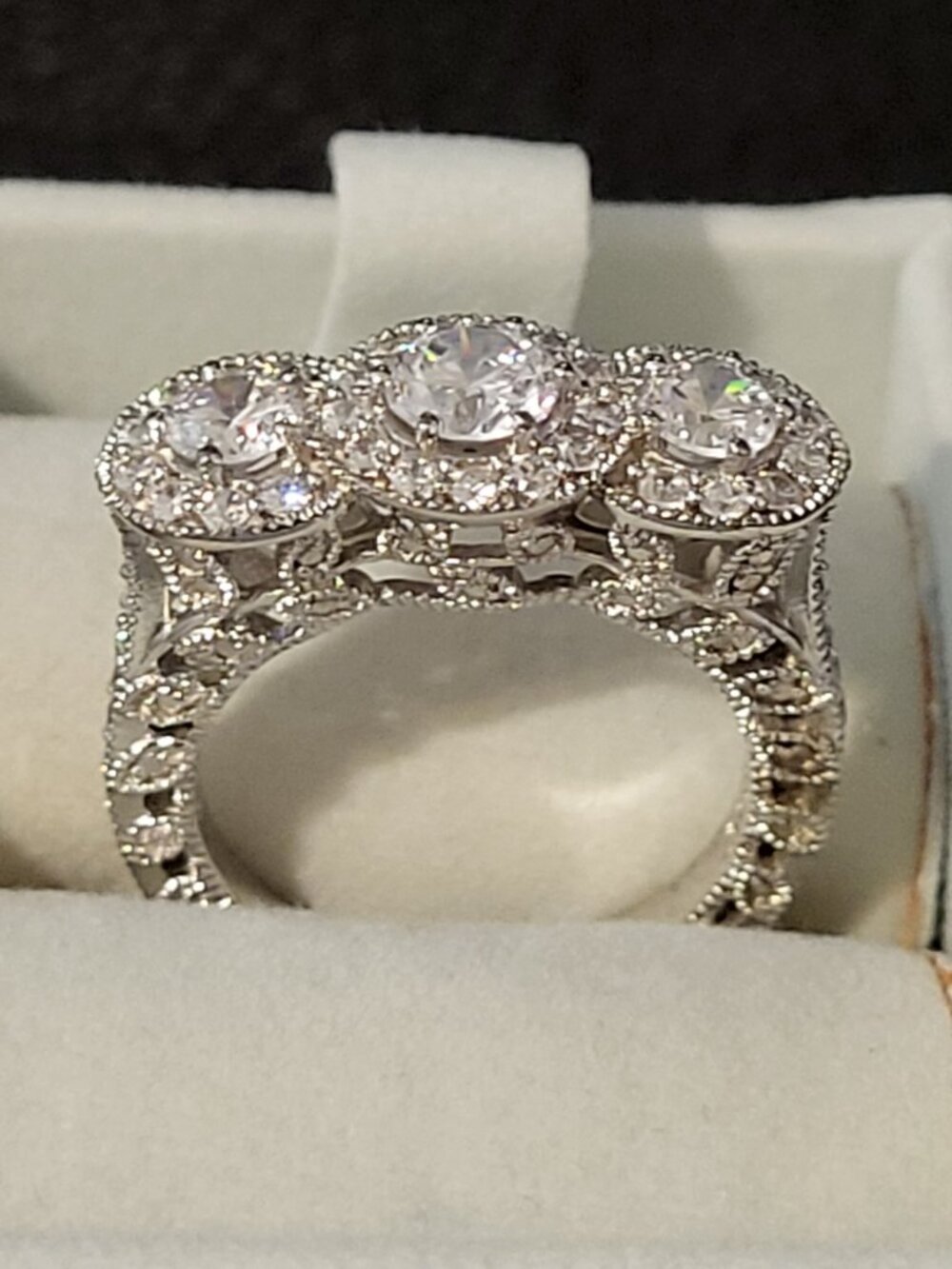 Designer STAUER Three Stone Halo Cubic Zirconia Sterling Silver Ring - Size 6